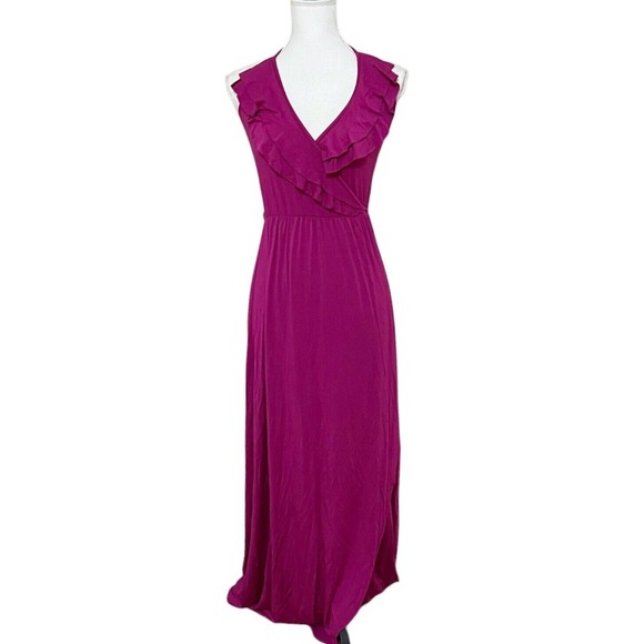 RACHEL PALLY Wrap Long Maxi Dress Ruffle Trim Sz XS ? Magenta V Neck - Picture 2 of 4